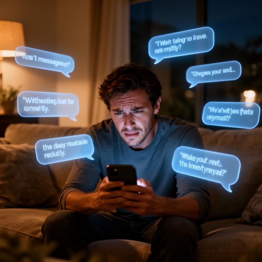 Stressed vacation rental host buried in guest messages at night