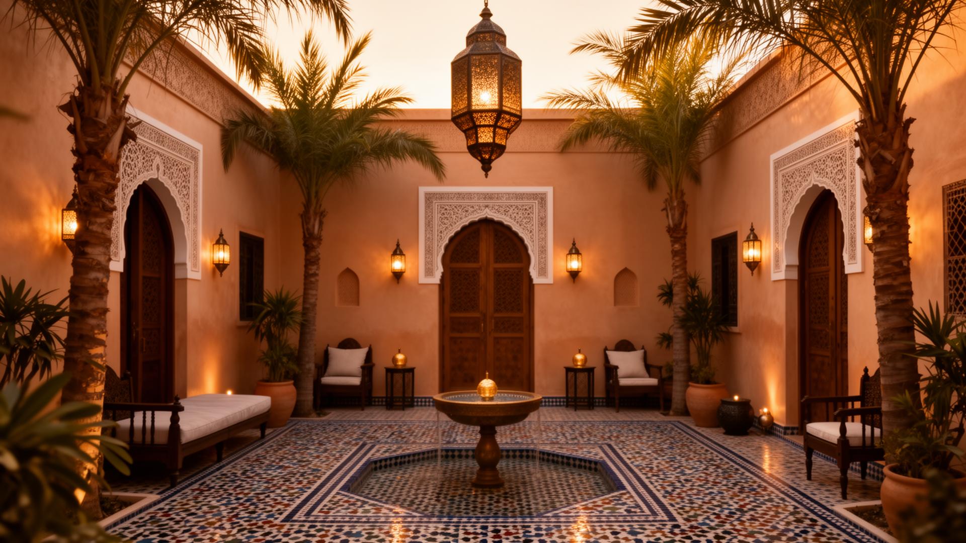 Luxury Moroccan riad courtyard at golden hour